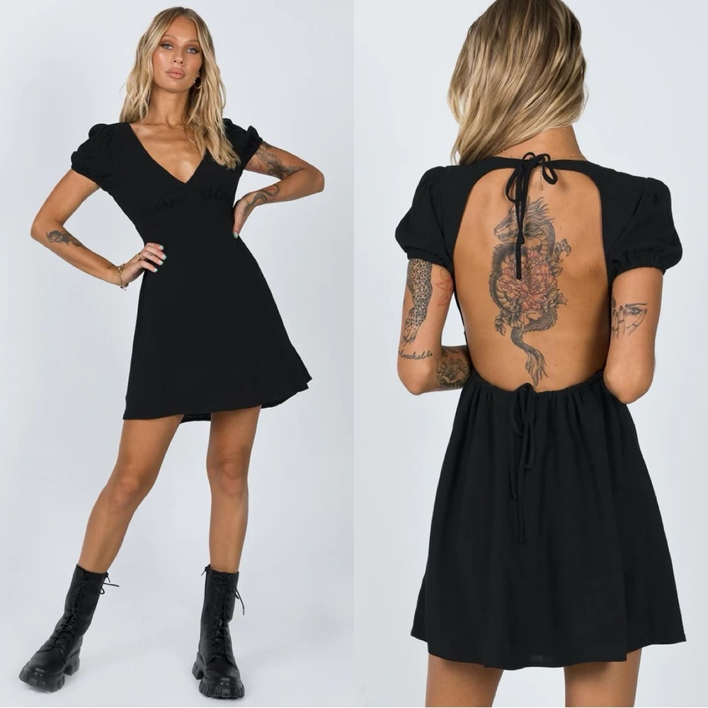 Princess Polly Smith Black Vneck Open Back Linen Blend Mini Dress 2